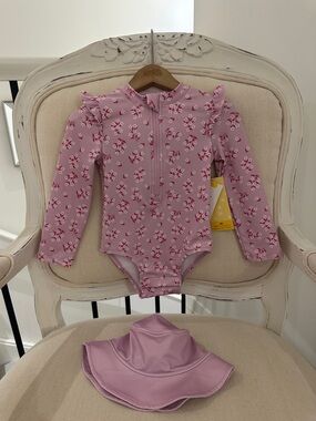🤍 24 Mth Petit Lem Pink Floral Long-Sleeve Rash Guard Swimsuit with Sun Hat Set